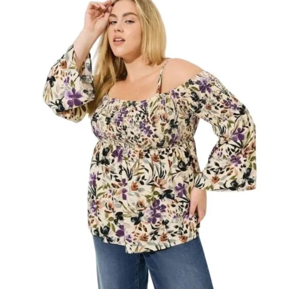 Torrid Challis Smocked Off Shoulder Rayon Floral 3/4 Sleeve Blouse Top 3X